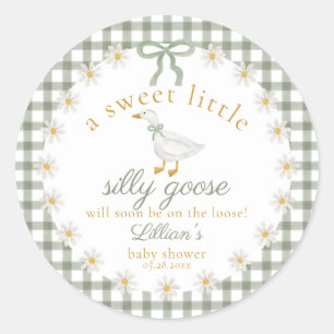 Silly Goose Green Gingham Cottagecore Baby Shower  Classic Round Sticker
