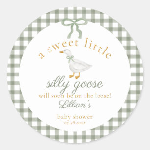 Silly Goose Green Gingham Cottagecore Baby Shower Classic Round Sticker