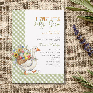 Silly Goose Green Gingham Flower Baby Shower Invitation