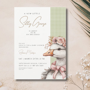 Silly Goose Green Gingham Flower Bow Baby Shower Invitation