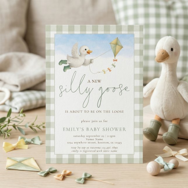 Silly Goose Kite Sage Gingham Baby Shower Invitation (Creator Uploaded)