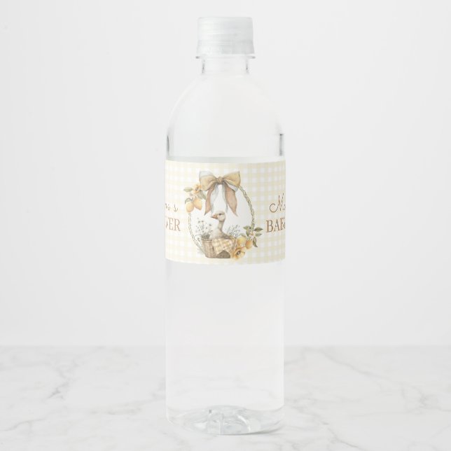 Silly Goose Lemon Watercolor Baby Shower  Water Bottle Label (Front)
