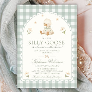 Silly Goose Neutral Arch Green Gingham Baby Shower Invitation