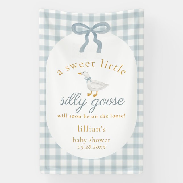 Silly Goose On The Loose Blue Gingham Baby Shower Banner (Vertical)