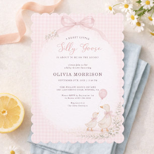 Silly Goose on the Loose Pink Gingham Baby Shower Invitation