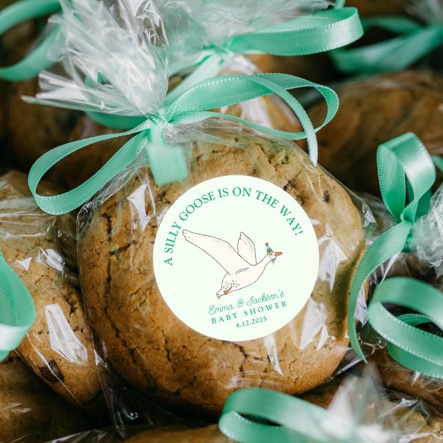 Silly Goose on the Way Green Baby Shower Classic Round Sticker (Creator Uploaded)