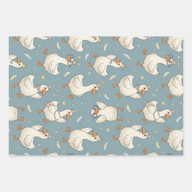 Silly Goose Party – Blue Background with Feathers Wrapping Paper Sheet (Front)