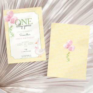 Silly Goose Pink Balloons Gingham 1st Birthday  Invitation