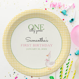 Silly Goose Pink Balloons Gingham 1st Birthday  Paper Plate
