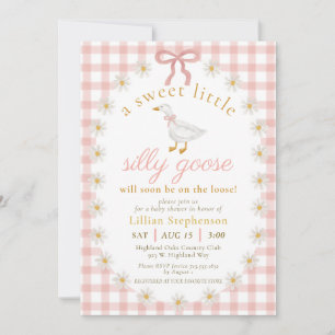 Silly Goose Pink Bow Daisy Gingham Baby Shower Invitation