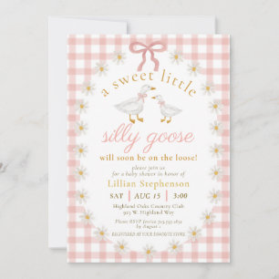 Silly Goose Pink Bow Daisy Gingham Baby Shower Invitation