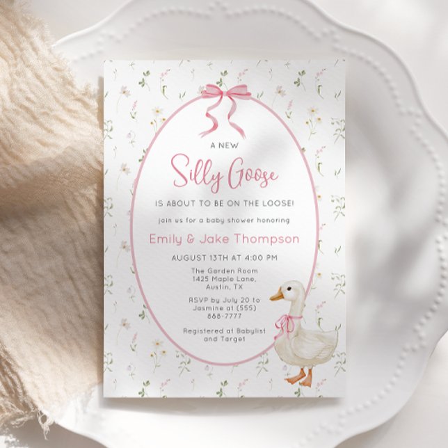 Silly Goose Pink Bow Floral Baby Shower Invitation (Creator Uploaded)