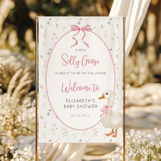 Silly Goose Pink Bow Floral Baby Shower Welcome Banner (Creator Uploaded)