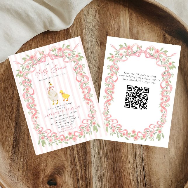  Silly Goose Pink Bow Floral QR Code Baby Shower  Invitation (Creator Uploaded)