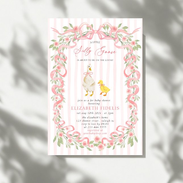  Silly Goose  Pink Bow Floral Roses Baby Shower Invitation (Creator Uploaded)