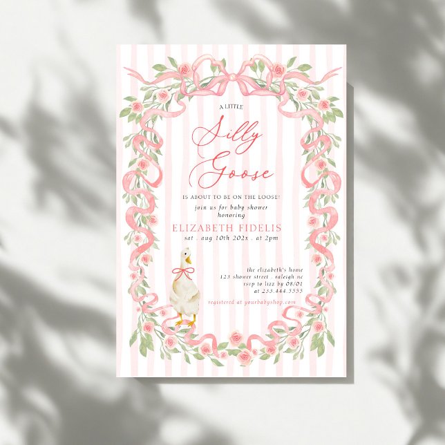  Silly Goose  Pink Bow Floral Roses Baby Shower Invitation (Creator Uploaded)