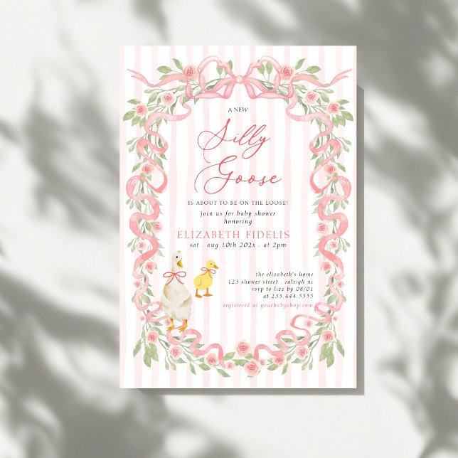  Silly Goose  Pink Bow Floral Roses Baby Shower Invitation (Creator Uploaded)