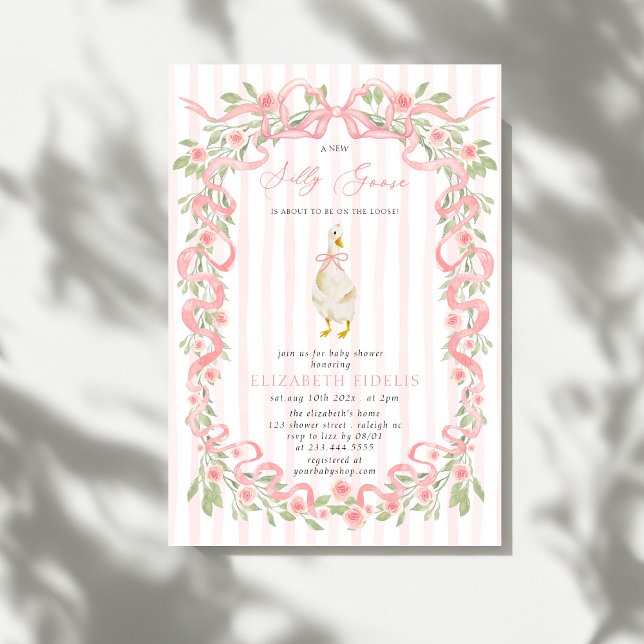  Silly Goose  Pink Bow Floral Roses Baby Shower Invitation (Creator Uploaded)