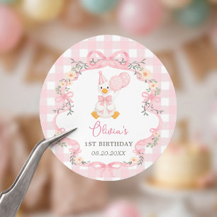 Silly Goose Pink Bow Girl Birthday Classic Round Sticker