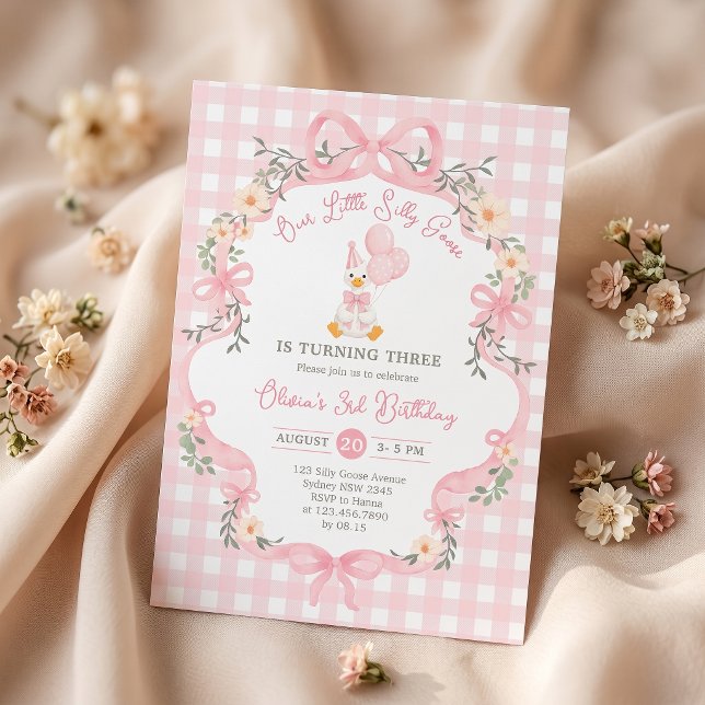 Silly Goose Pink Bow Girl Birthday Invitation (Creator Uploaded)