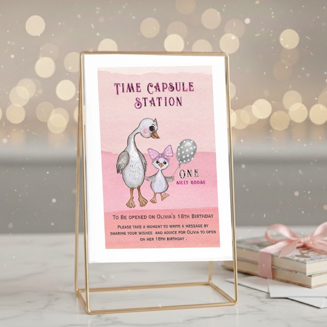 Silly Goose & Pink Bow | Time Capsule Station Sign Invitation (Silly Goose & Pink Bow | Time Capsule Station Card)
