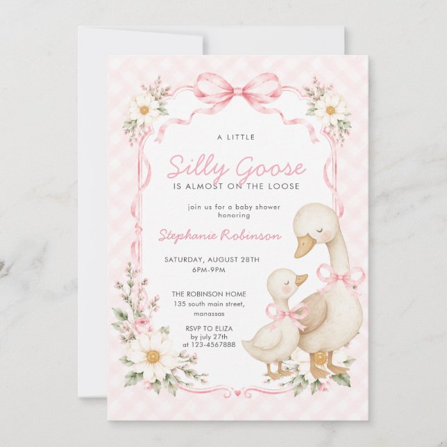 Silly Goose Pink Coquette Bow Gingham Baby Shower Invitation (Front)