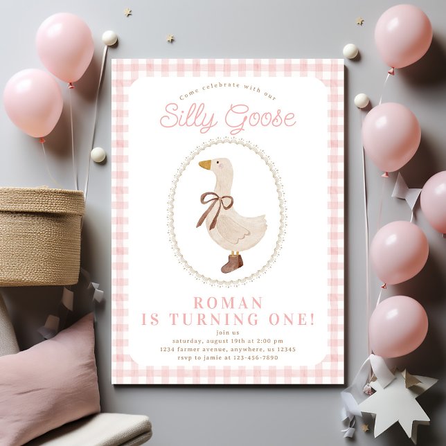 Silly Goose Pink Gingham and Bow Girl Birthday Invitation (Creator Uploaded)