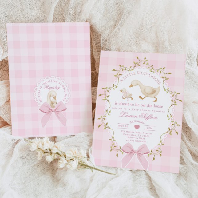 Silly Goose Pink Gingham Baby girl Shower Invitation (Creator Uploaded)