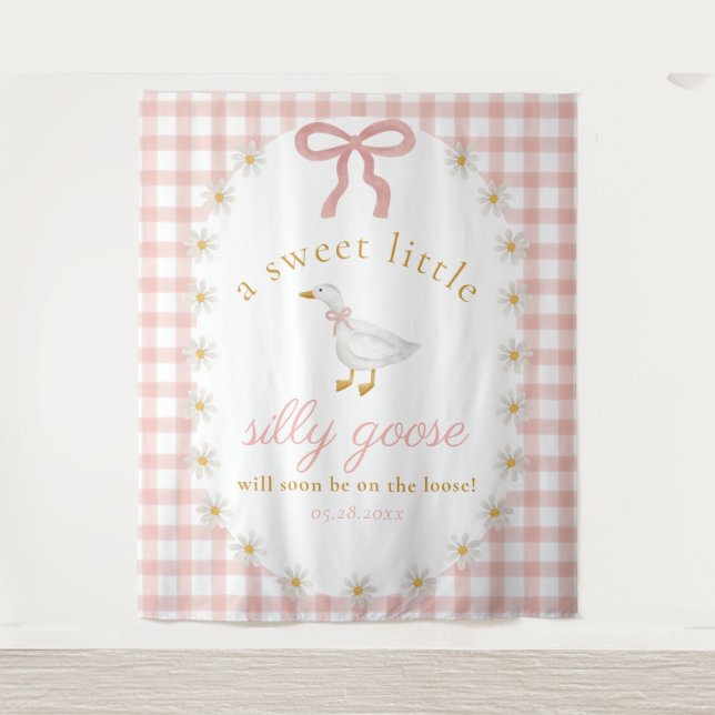 Silly Goose Pink Gingham Baby Shower Backdrop Tapestry (Front)