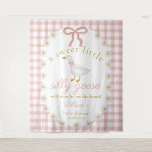 Silly Goose Pink Gingham Baby Shower Backdrop Tapestry