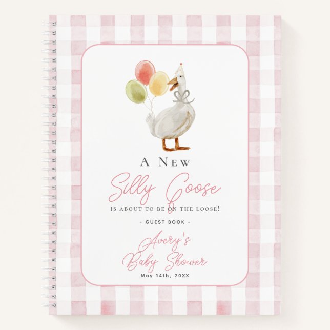 Silly Goose Pink Gingham Baby Shower Guest Book (Front)