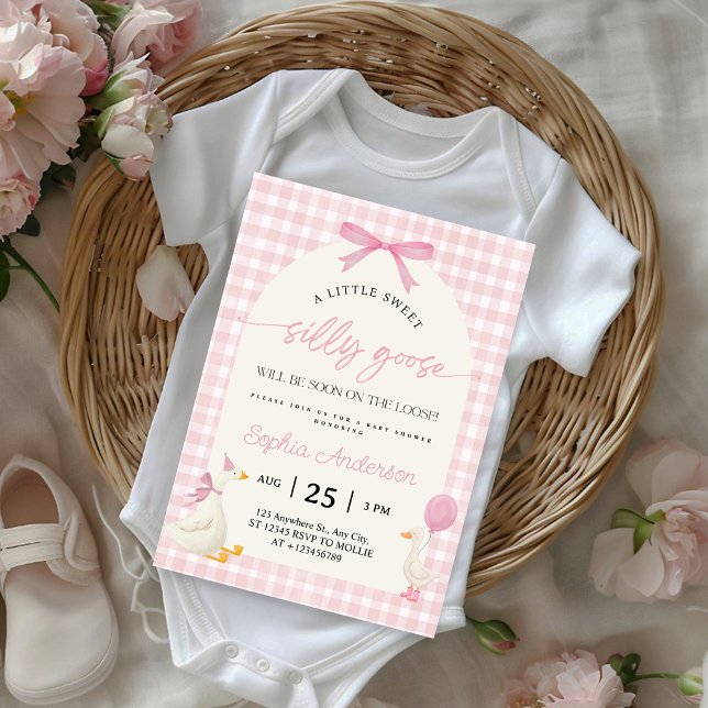 Silly Goose Pink Gingham Baby Shower Invitation (Creator Uploaded)