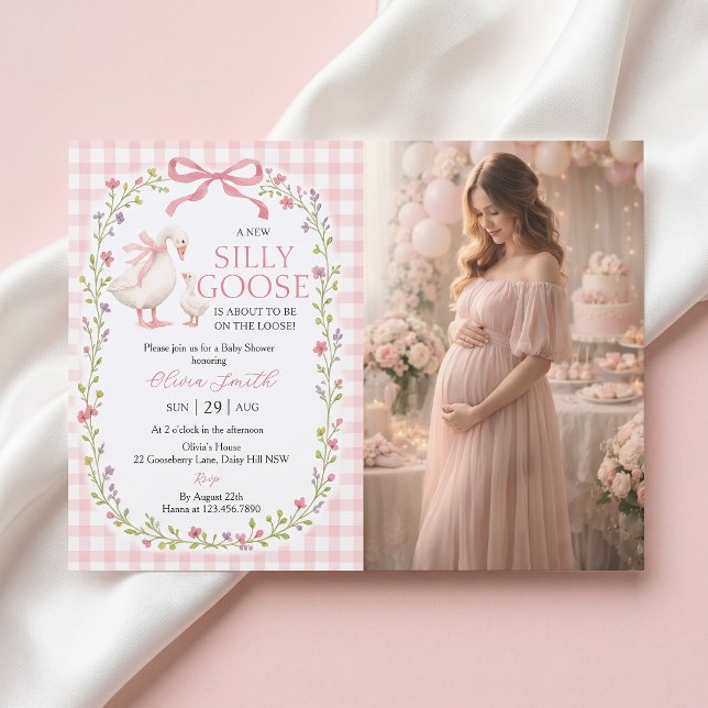 Silly Goose Pink Gingham Baby Shower Invitation (Creator Uploaded)