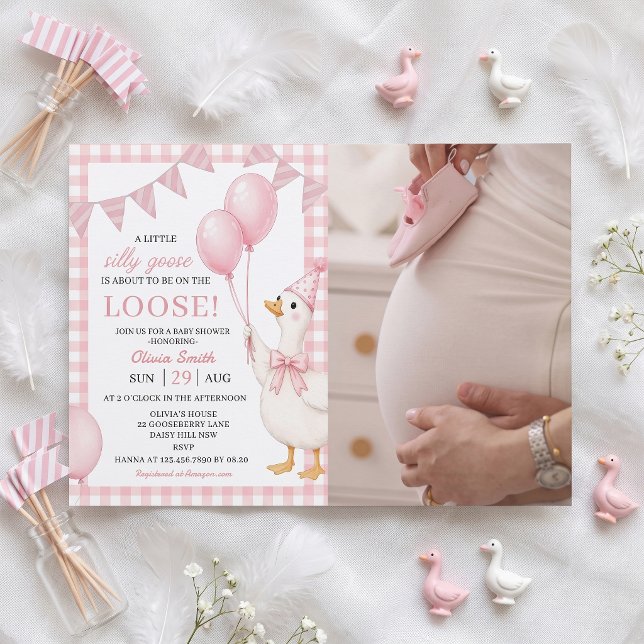 Silly Goose Pink Gingham Baby Shower Invitation (Creator Uploaded)