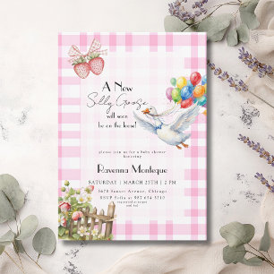 Silly Goose Pink Gingham Balloons Baby Shower Invitation