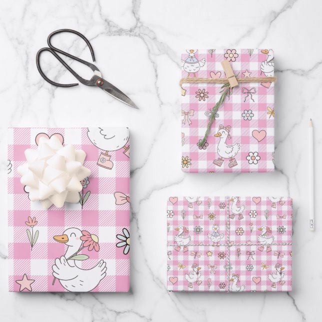 Silly Goose Pink Gingham Birthday Wrapping Paper Sheet (Front)