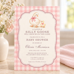 Silly Goose Pink Gingham Bow Baby Shower Invitation