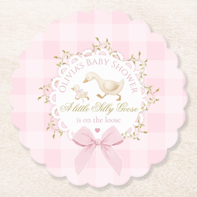 Silly Goose Pink Gingham Bow Baby Shower Paper Coaster (Front)