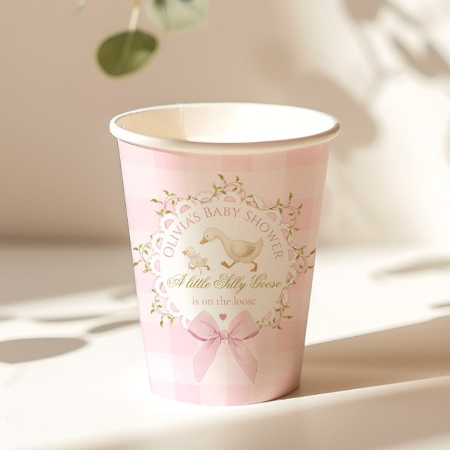 Silly Goose Pink Gingham Bow Baby Shower Paper Cups (Creator Uploaded)
