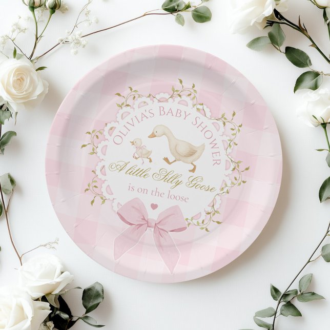 Silly Goose Pink Gingham Bow Baby Shower Paper Plate (Creator Uploaded)