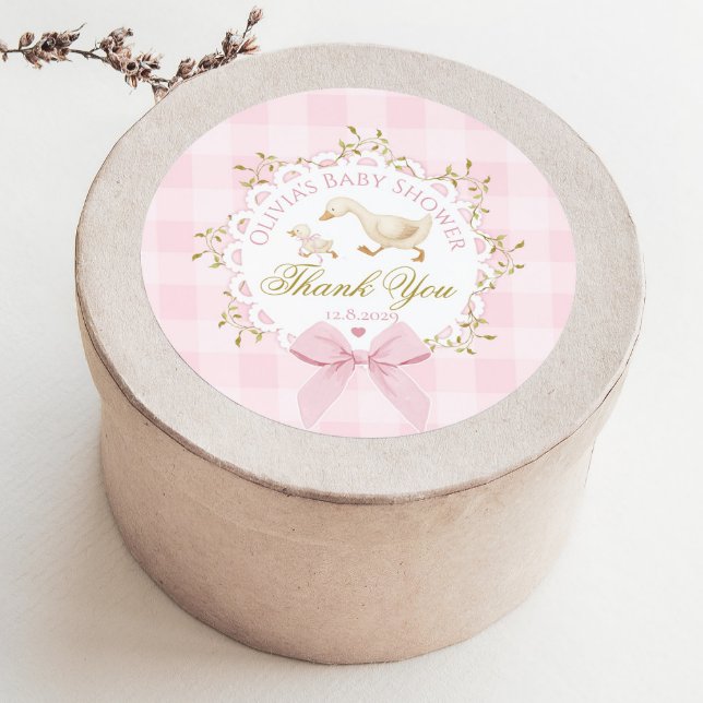 Silly Goose Pink Gingham Bow Baby Shower Thank you Classic Round Sticker (Creator Uploaded)