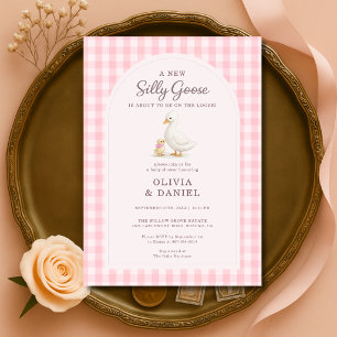 Silly Goose Pink Gingham Couples Baby Shower Invitation