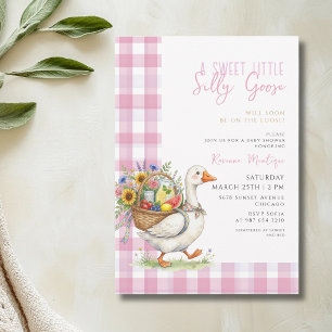 Silly Goose Pink Gingham Flower Baby Shower Invitation