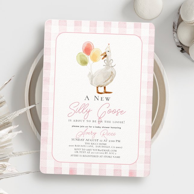 Silly Goose Pink Gingham Girl Baby Shower Invitation (Creator Uploaded)