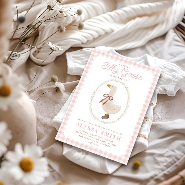 Silly Goose Pink Gingham Girl Baby Shower Invitation (Creator Uploaded)