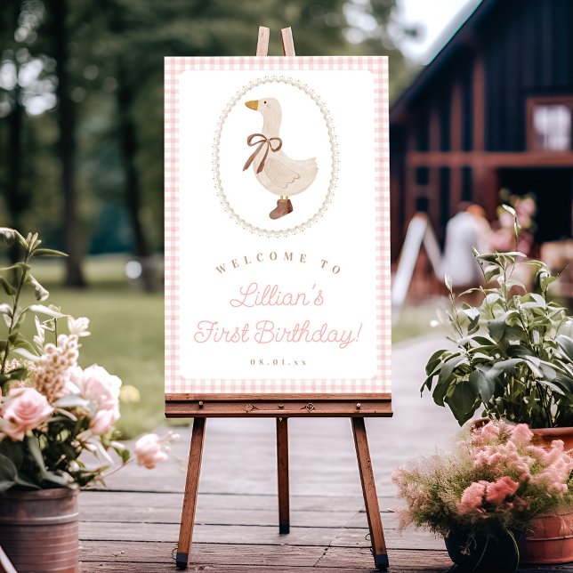 Silly Goose Pink Gingham Girl Birthday Welcome Poster (Creator Uploaded)