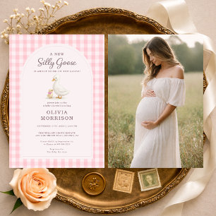 Silly Goose Pink Gingham Photo Baby Shower Invitation