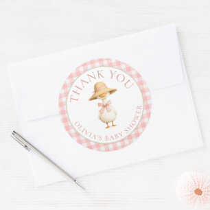 Silly Goose Pink Gingham Thank You Baby Shower Classic Round Sticker