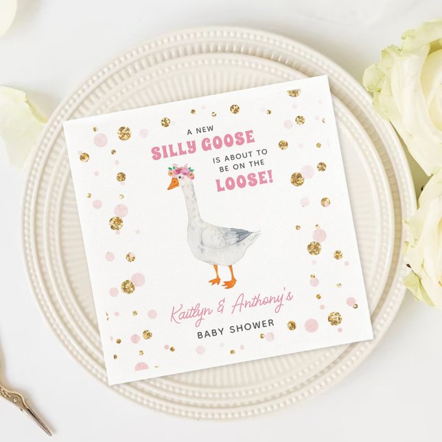 Silly Goose Pink Watercolor Girls Baby Shower Napkin (Creator Uploaded)
