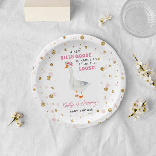 Silly Goose Pink Watercolor Girls Baby Shower Paper Plate